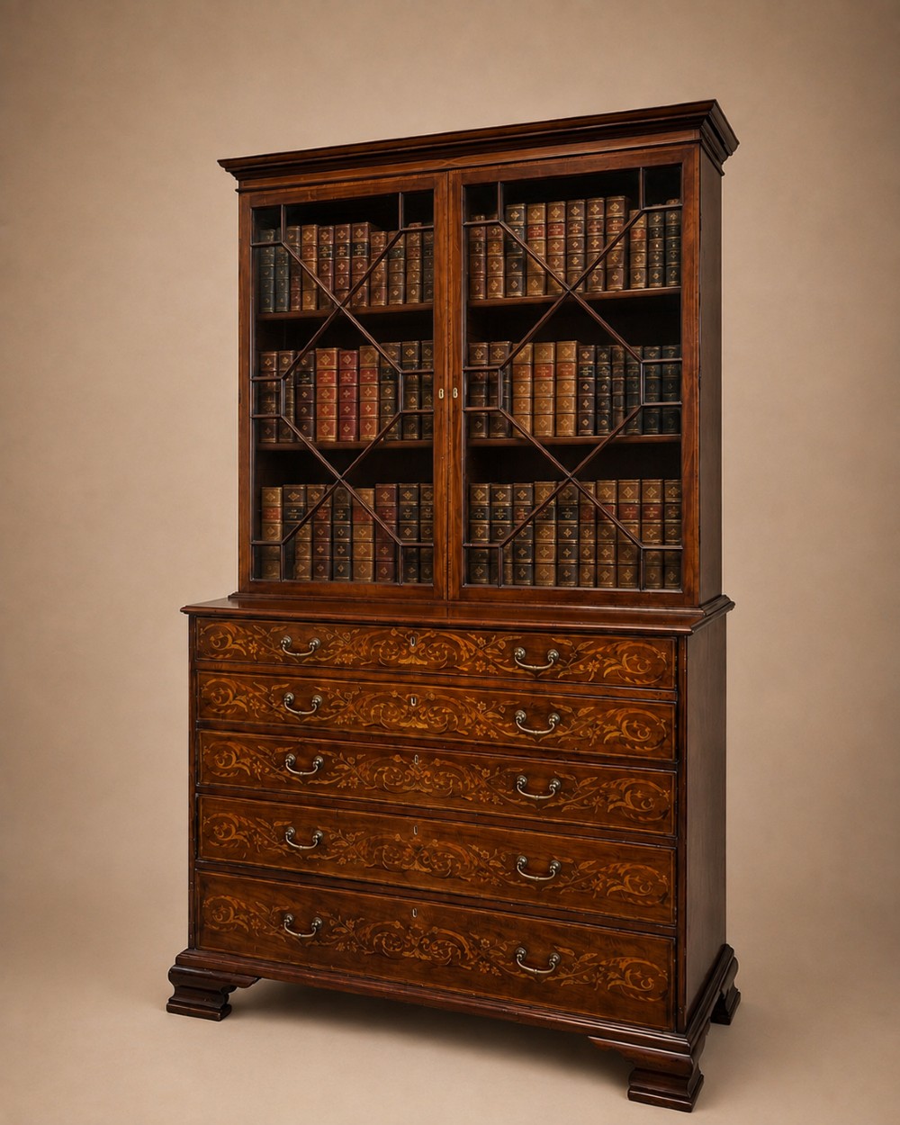 Antique 19th Century Inlaid Mahogany Secretaire Bookcase