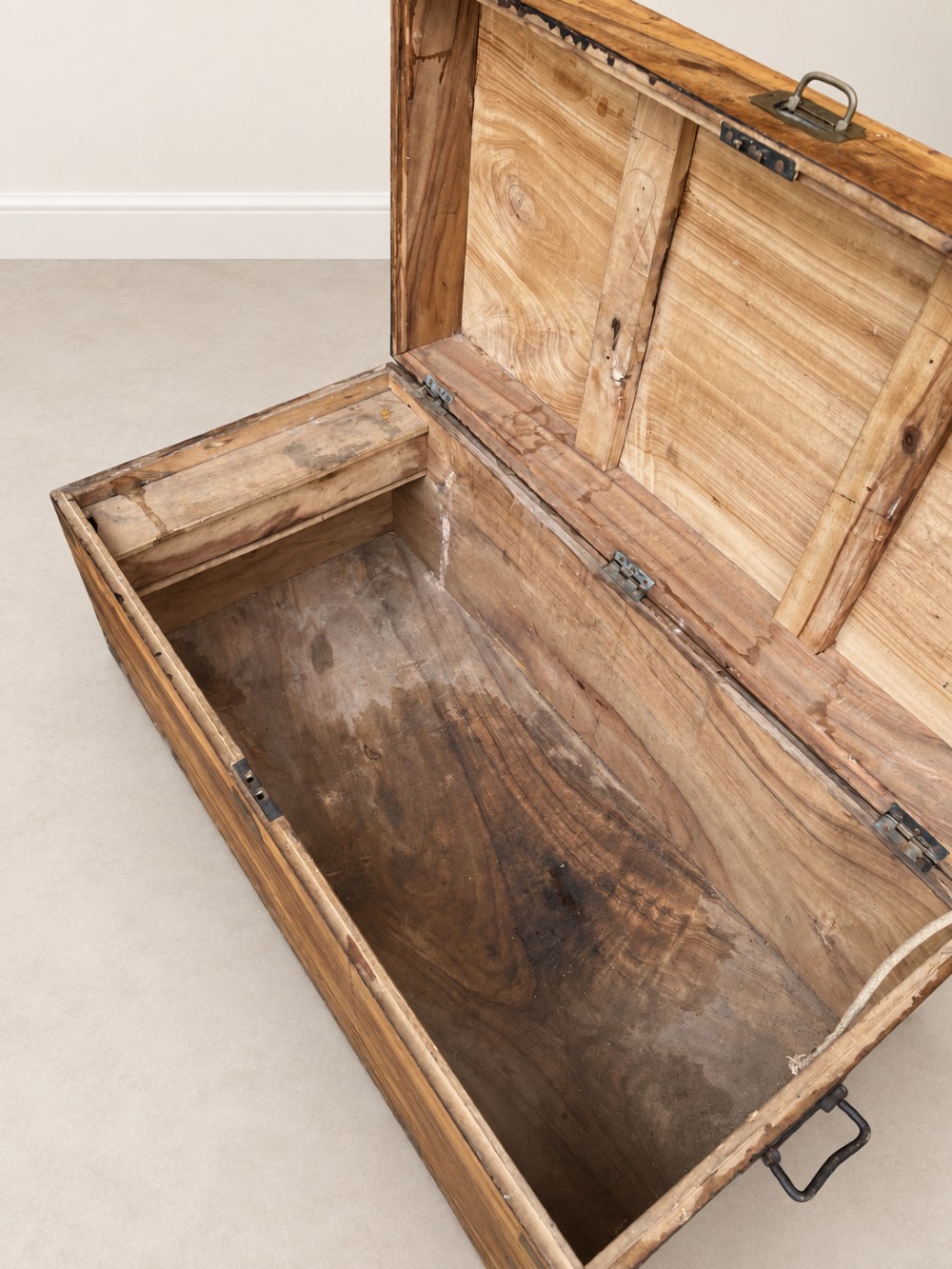 A 19th-century rectangular wooden campaign chest featuring protective brass corner brackets, flush carrying handles, and a hinged lid. View VII