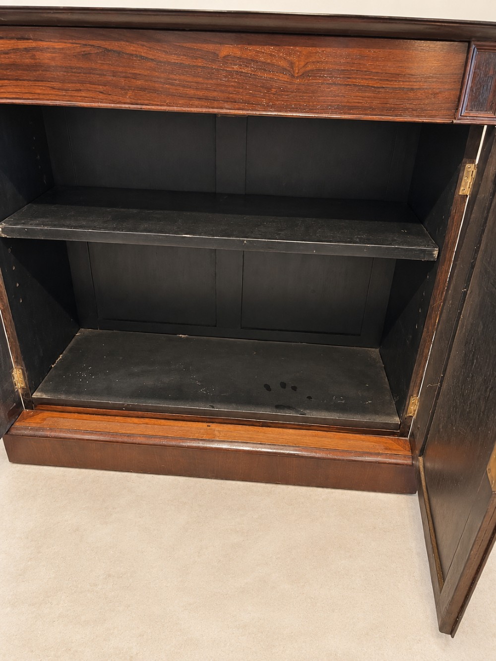 A pair of 19th-century Regency dark rosewood cupboards featuring white marble tops and panelled double doors on plinth bases. View VIII