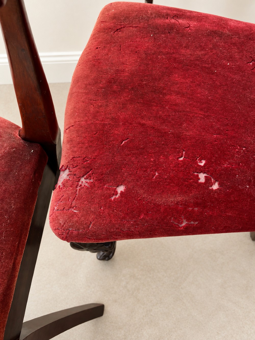 A set of eight 19th-century Victorian mahogany balloon back chairs with red velvet upholstery, including six side chairs and two carver armchairs with cabriole front legs. View VIII