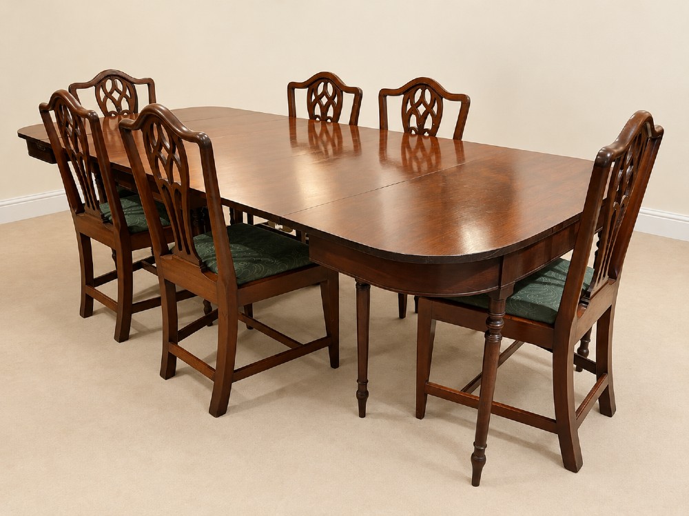An extendable Regency mahogany dining table featuring rounded D-shaped ends, extra leaf insertions, and turned legs with brass castors. View II