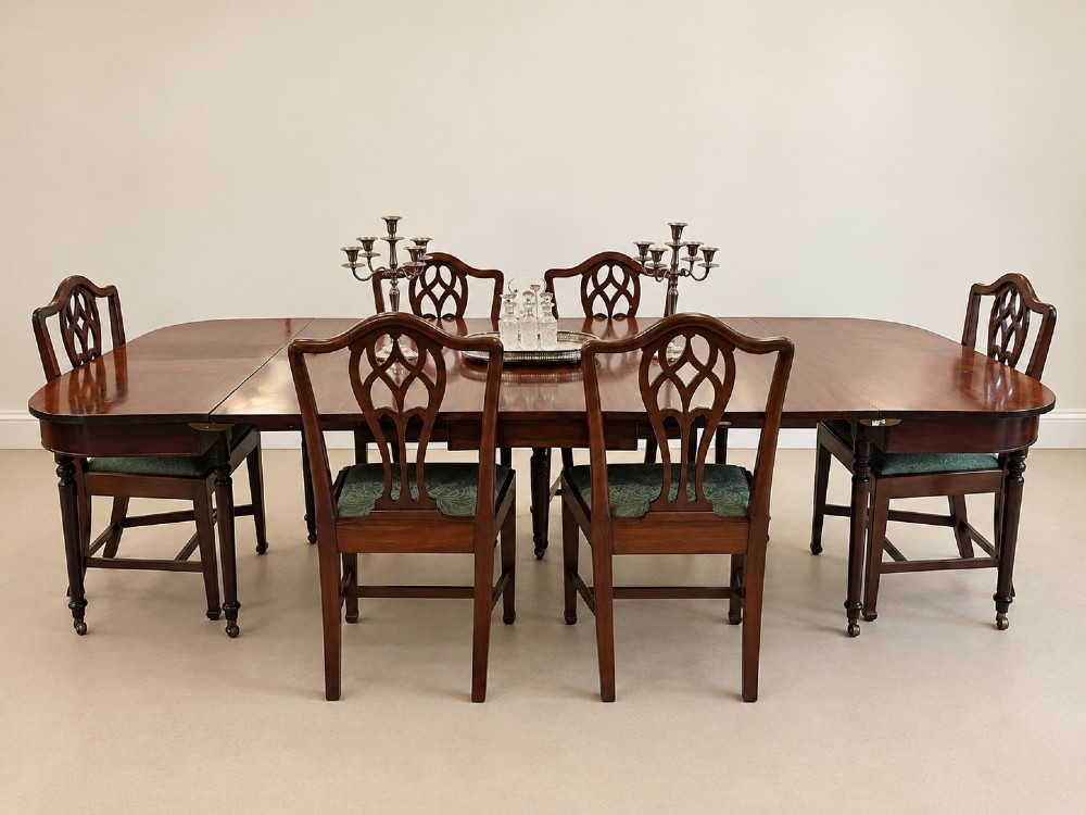 An extendable Regency mahogany dining table featuring rounded D-shaped ends, extra leaf insertions, and turned legs with brass castors. View V