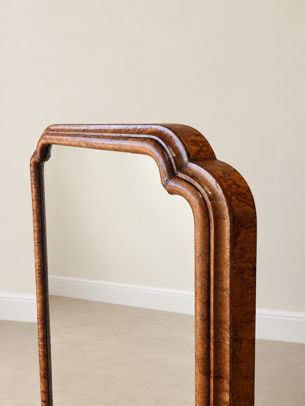 A 19th-century full-length satin birch cheval mirror featuring an arched top frame supported by turned upright pillars on splayed legs. View VIII