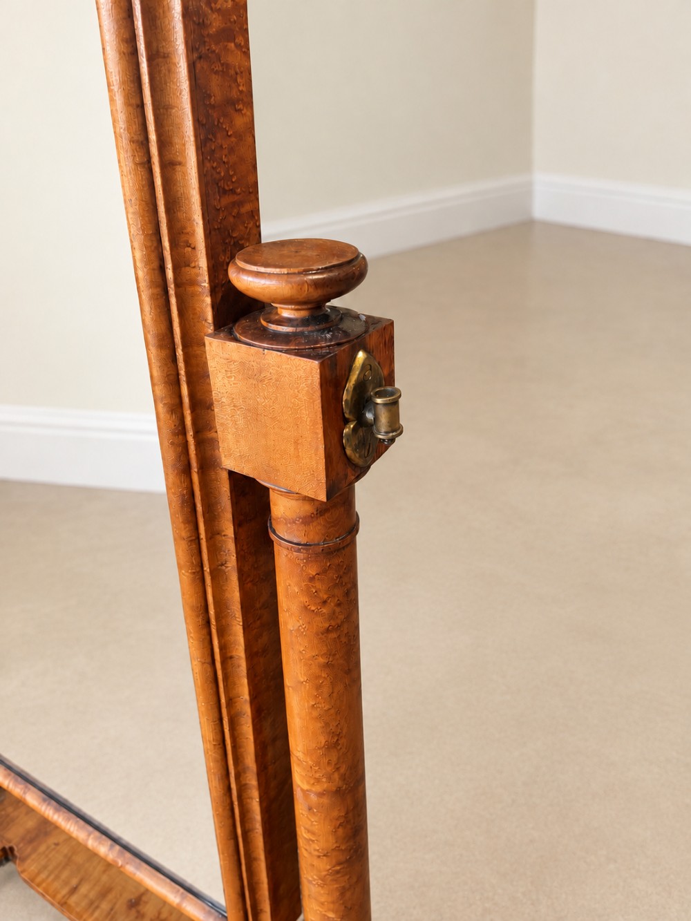 A 19th-century full-length satin birch cheval mirror featuring an arched top frame supported by turned upright pillars on splayed legs. View IX