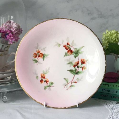Grainger Worcester Antique Cabinet/dessert Plate, Pink Glaze and Red Flowers