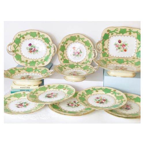 Antique Samuel Alcock Handpainted Floral Dessert Service, Green Foliage