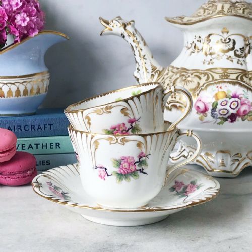 Antique Minton True Trio, Handpainted Pink Cherry Blossom