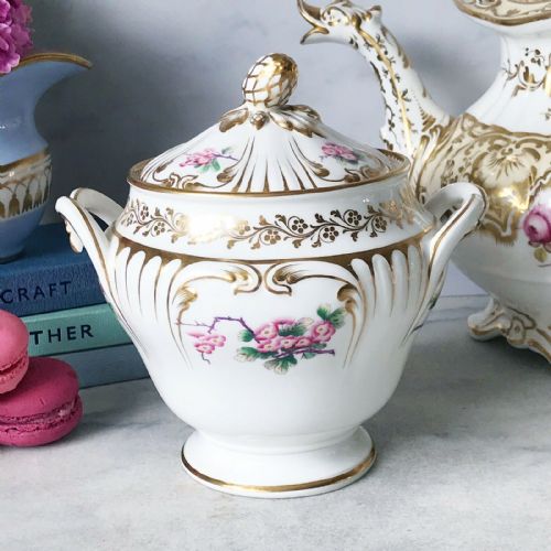 Antique Minton Lidded Sucrier or Sugar Box. Handpainted Cherry Blossom Flowers.