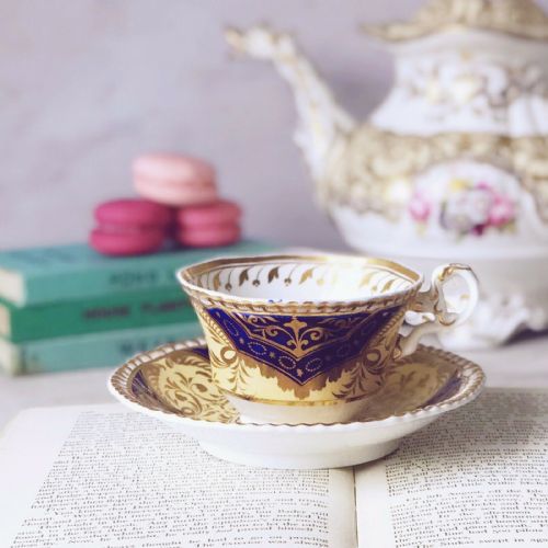 Antique Spode Gadrooned Teacup and Saucer Duo, Cobalt Blue Ground 4276