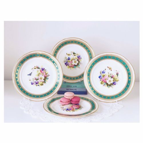 Antique Porcelain Set of 4 Plates with Handpainted Butterflies and Flowers