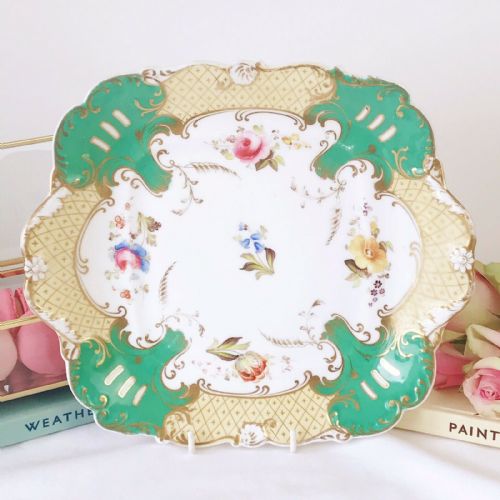 H and R Daniel Shell Border Cake Plate Serving Dish, Handpainted Flowers
