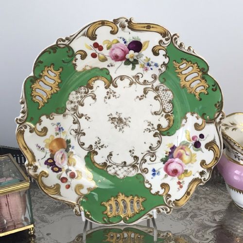 H and R Daniel Shell Pierced Dessert Cabinet Plate, Handpainted Fruit and Flowers
