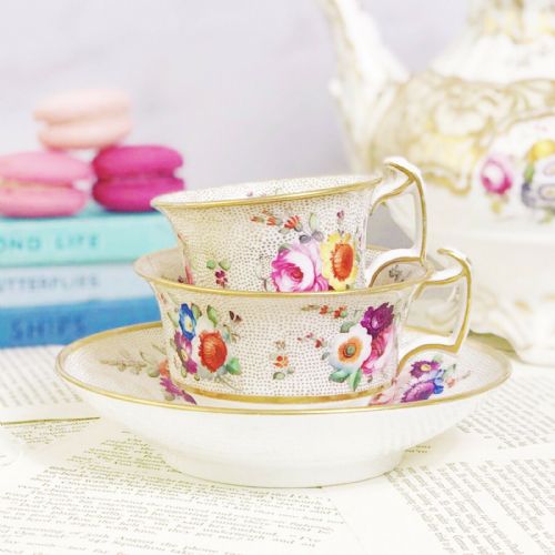 Antique Trio  of Teacup, Coffee Cup and Saucer, Handpainted Flowers and Gilding