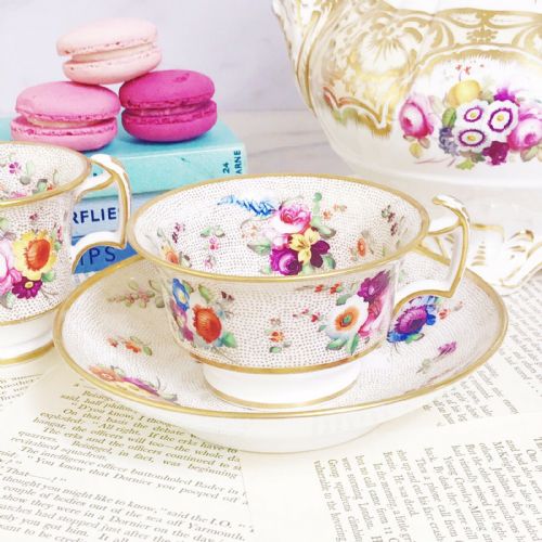fig 1. Antique trio of teacup, coffee cup and saucer, handpainted flowers and gilding