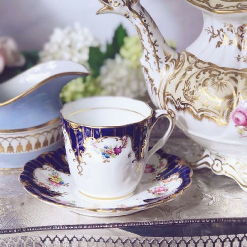 Antique Ridgway Cup and Saucer Duo, Foliage Shape, Cobalt Blue Handpainted