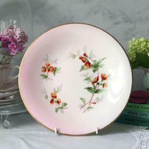 Grainger Worcester Antique Cabinet/dessert Plate, Pink Glaze and Red Flowers