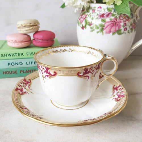 Antique Minton Teacup and Saucer Duo, Magenta Pink and Gold Decoration