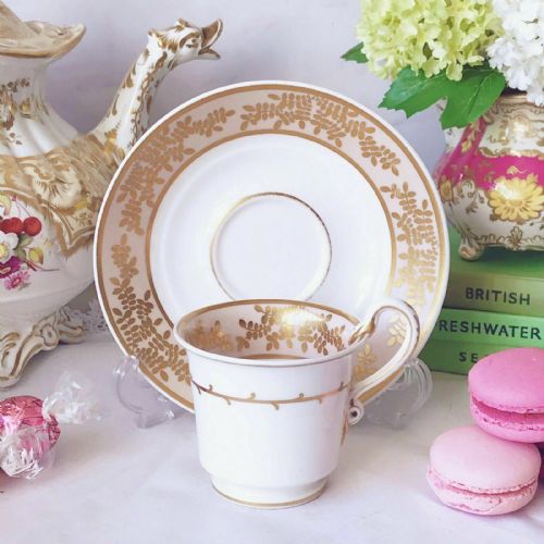 Antique Spode Estruscan Serpent Handle Cup and Saucer, Circa 1820, Gilt Decor.
