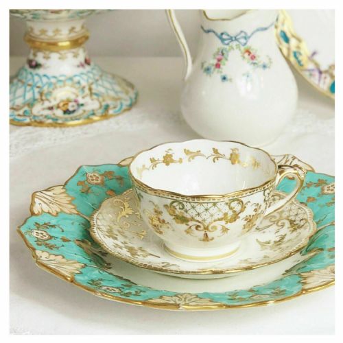Antique Ridgway Foliage Shape Teacup and Saucer Duo, Gilt Pattern