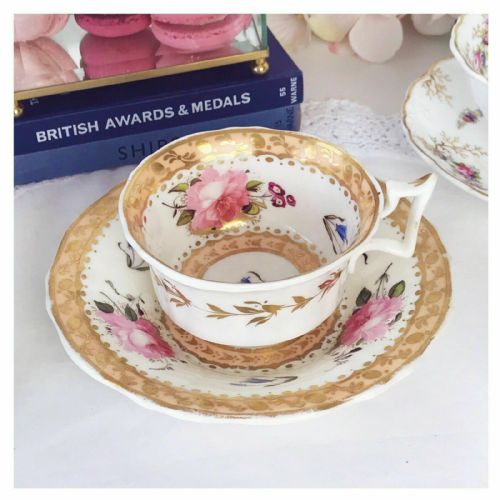 Antique New Hall Apricot Ground Floral Cup and Saucer Set, C.1820s Handpainted