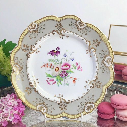 Antique Dessert Plate, Handpainted Flowers, Shell Edge Shape