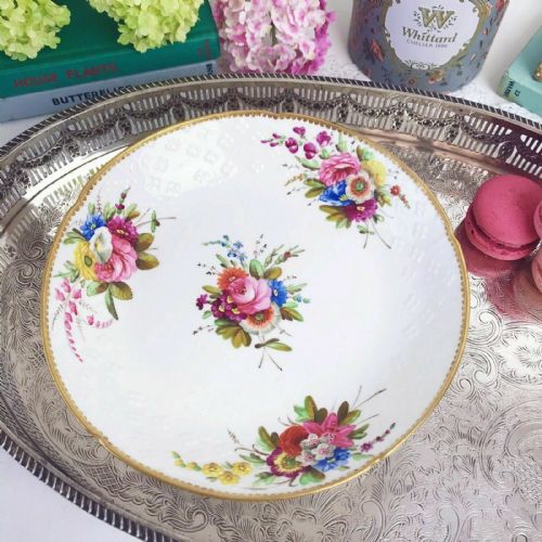 Antique Spode Dresden Embossed Dish, Handpainted Flowers, Pattern 2527