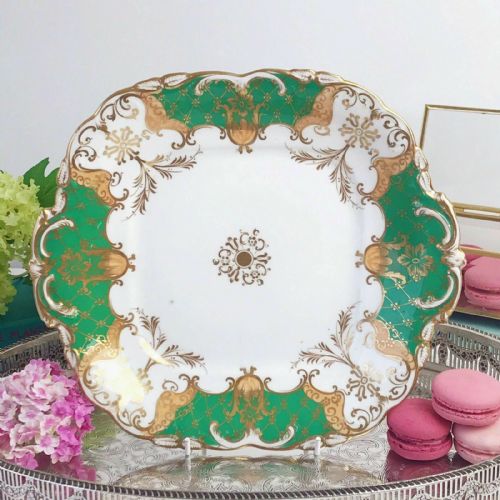Antique Coalport Adelaide Bread and Butter/ Cake Plate, Green and Gold