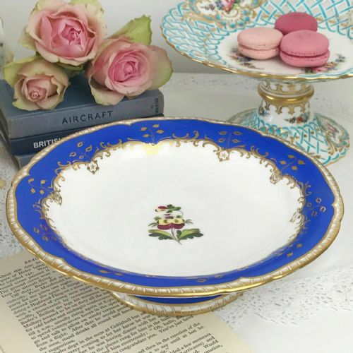 Antique Coalport Low Comport, Cerulean Blue with Gadrooned Edge, Handpainted Pansy