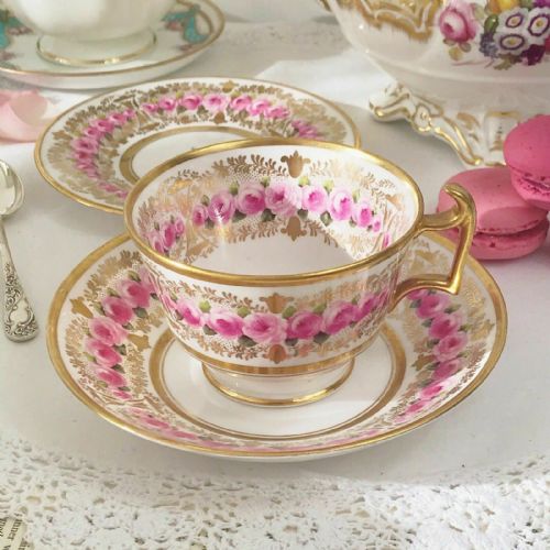fig 1. Antique teacup trio, Copelands China, pink cabbage roses and gilt