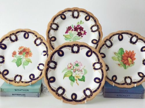 Set of Four Antique Handpainted Flower Dessert Cabinet Plates, Cobalt Blue