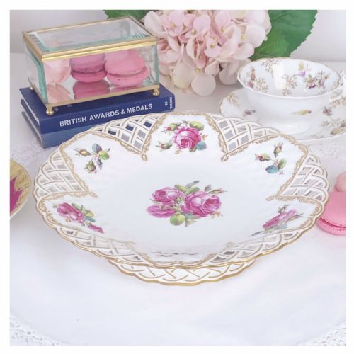 Antique Minton Newcastle Pierced Low Footed Comport with Rose Decoration
