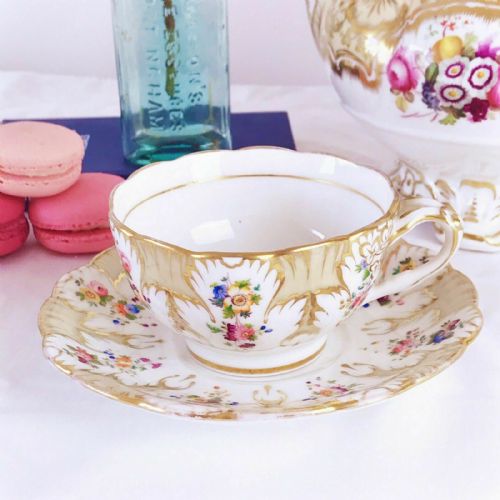 Antique Ridgway Foliage Shape Teacup and Saucer Set, Handpainted Flowers