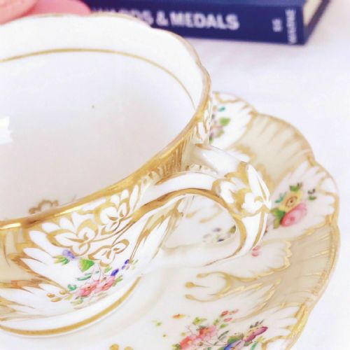 fig 1. Antique Ridgway foliage shape teacup and saucer set, handpainted flowers