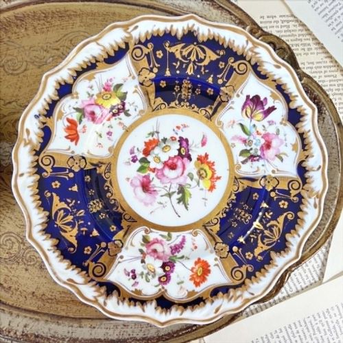 Antique Samuel Alcock Dessert Plate, Cobalt Ground & Handpainted Flowers C.1822