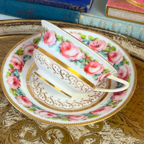 Antique Davenport Teacup & Saucer Duo, Handpainted Pink Cabbage Roses C.1820