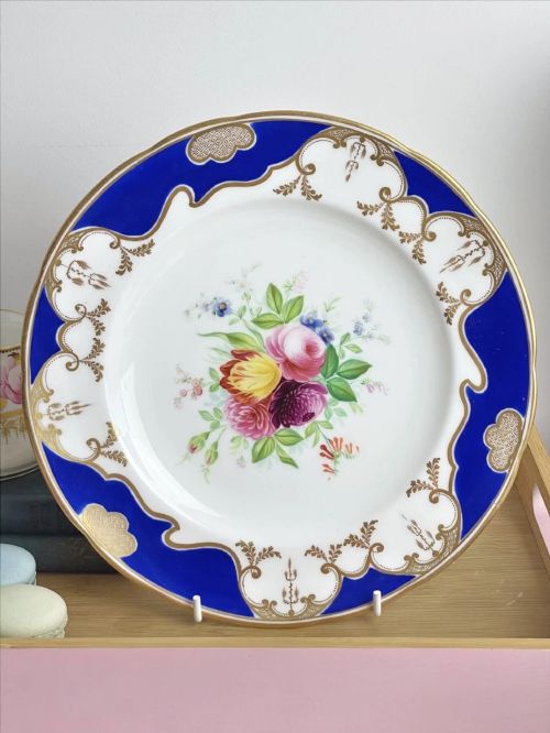 Antique Minton dessert plate with handpainted flowers & cobalt border