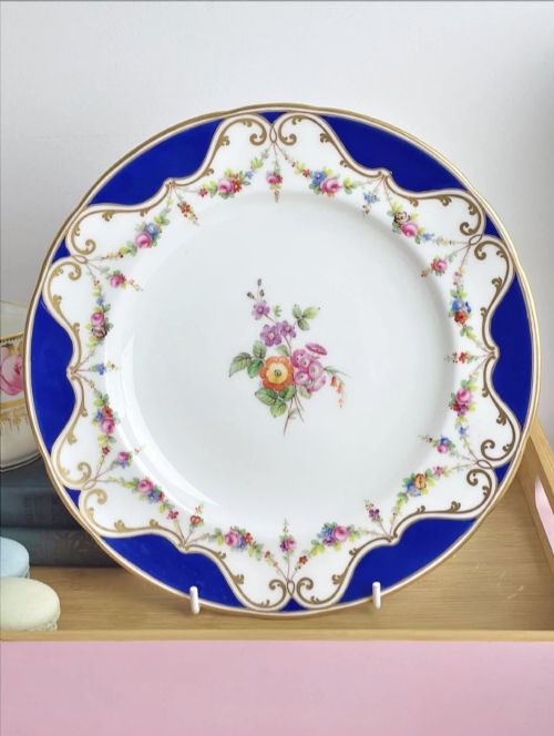 Antique Minton Dessert Plate with Handpainted Swags of Flowers & Cobalt Ground
