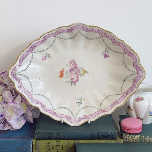 18th Century Derby Serving Dish, Handpainted Polychrome Flowers Blue Mark 1782-1800