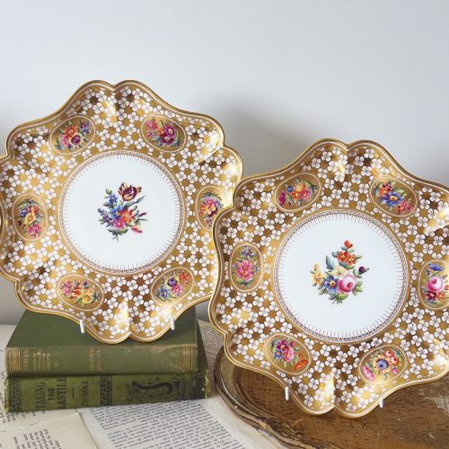 Pair of Antique Coalport Cabinet Plates with Handpainted Flowers & Gilded Detail, 1881-1891