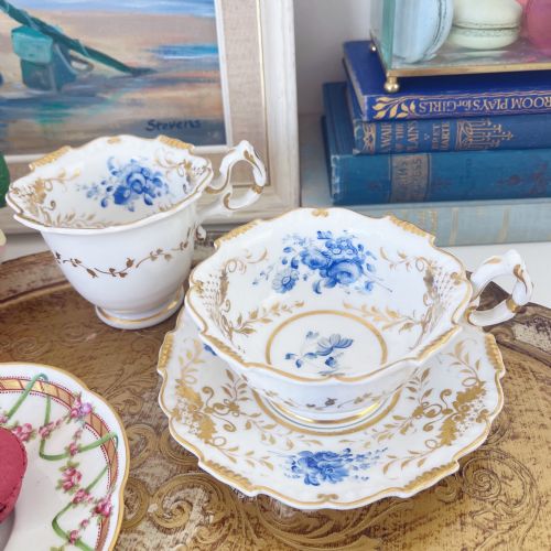 Antique H & R Daniel Shrewsbury Tea & Coffee Cup Trio, Handpainted, C.1825 B