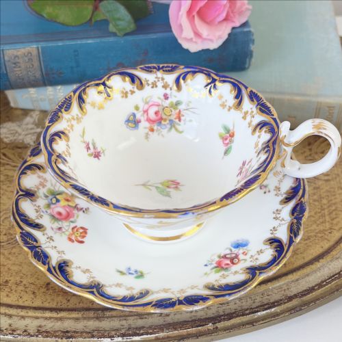 Antique Coalport Adelaide Teacup & Saucer with Handpainted Flowers, C.1835