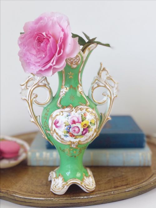 Antique Coalport Handpainted Vase with Ornate Handles and Handpainted Flowers, C.1840