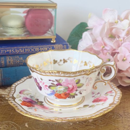 H & R Daniel First Gadroon Teacup & Saucer Set, Handpainted C.1825