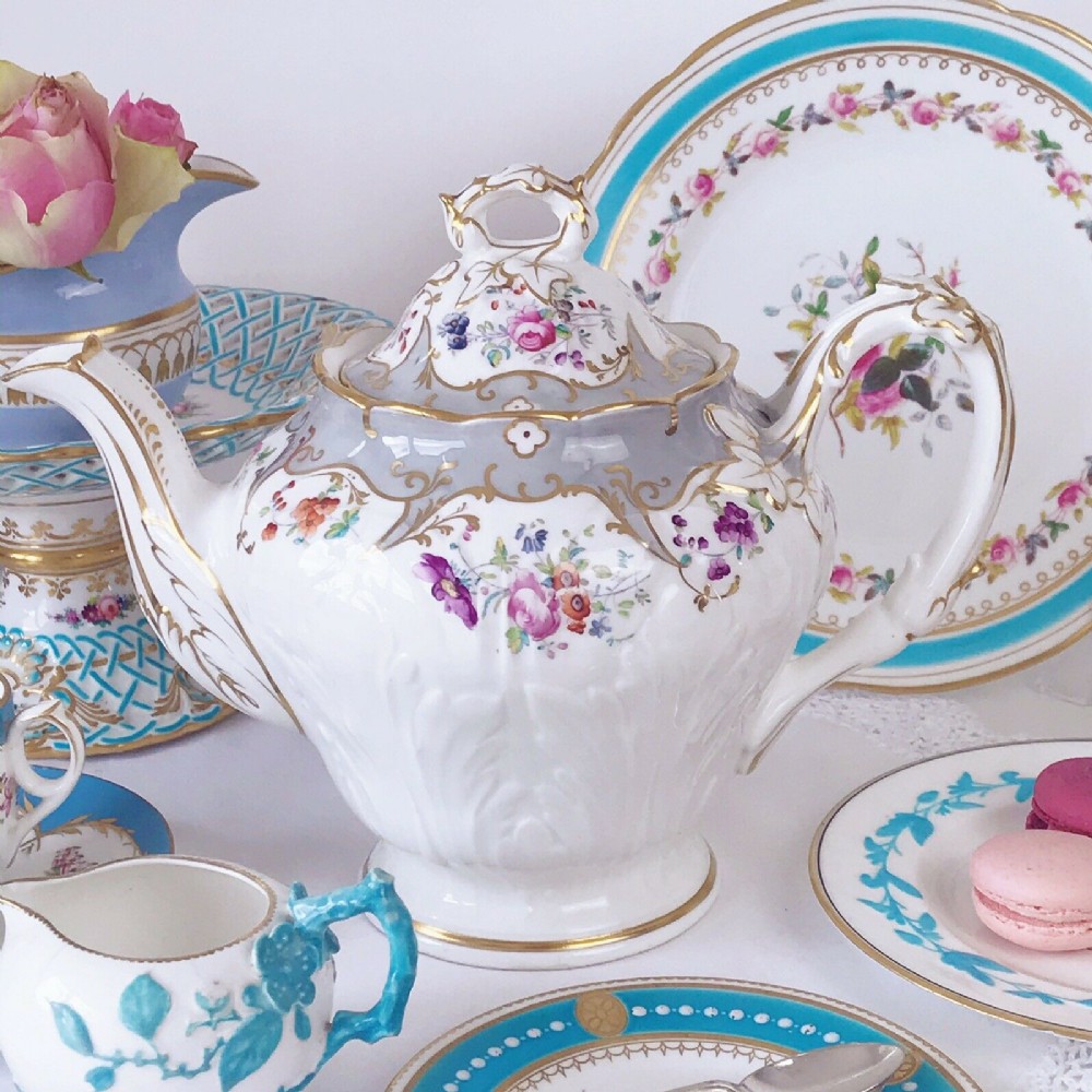 Antique Ridgway porcelain teapot, foliage shape, handpainted flowers. c. 1850s