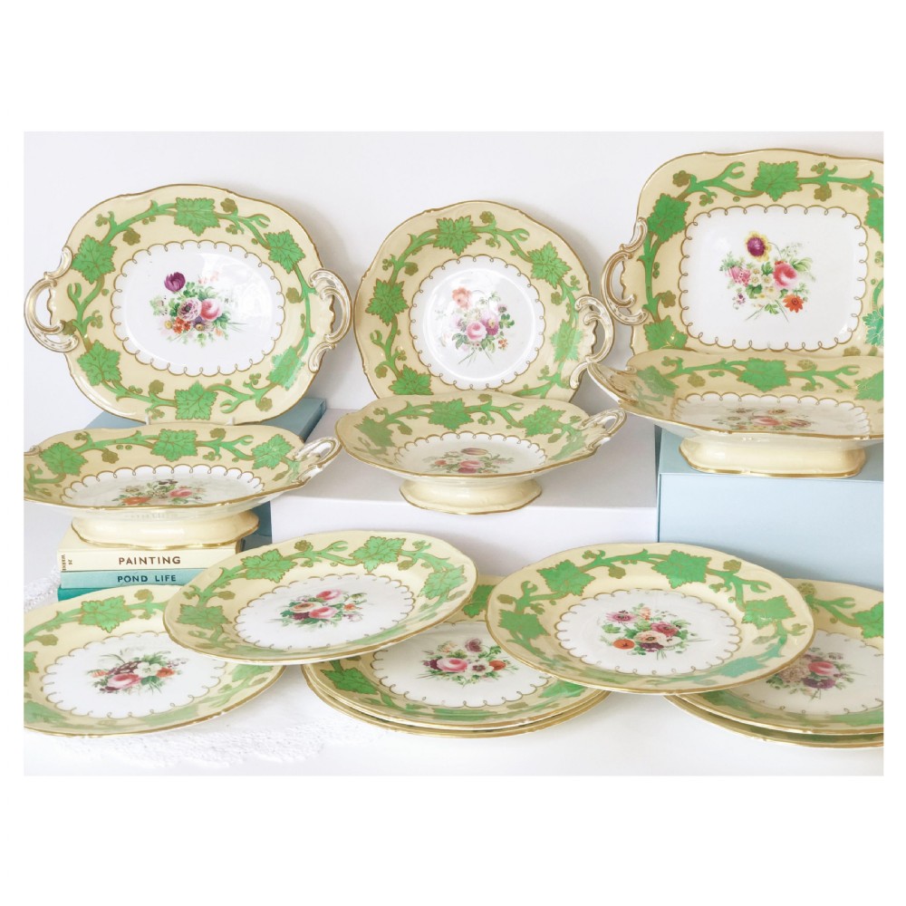 Antique Samuel Alcock handpainted floral dessert service, green foliage View II