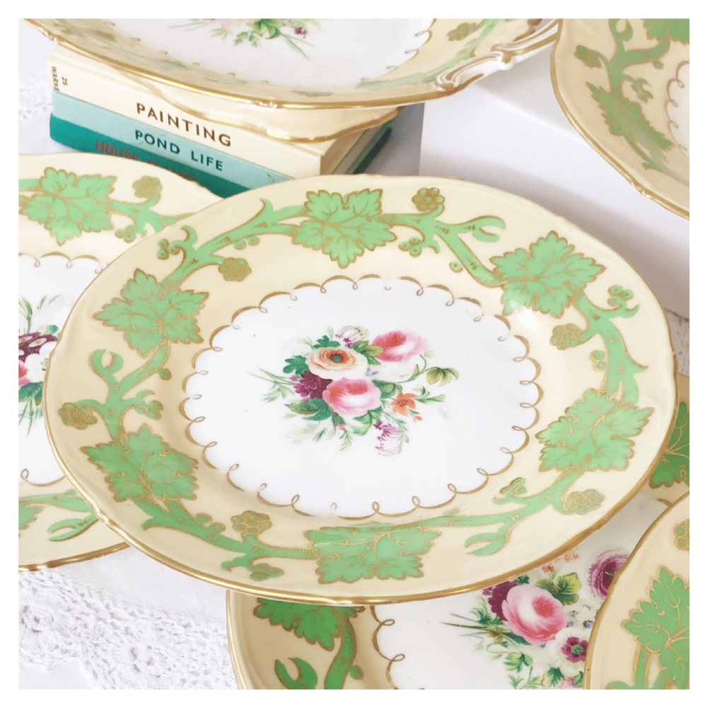 Antique Samuel Alcock handpainted floral dessert service, green foliage View III