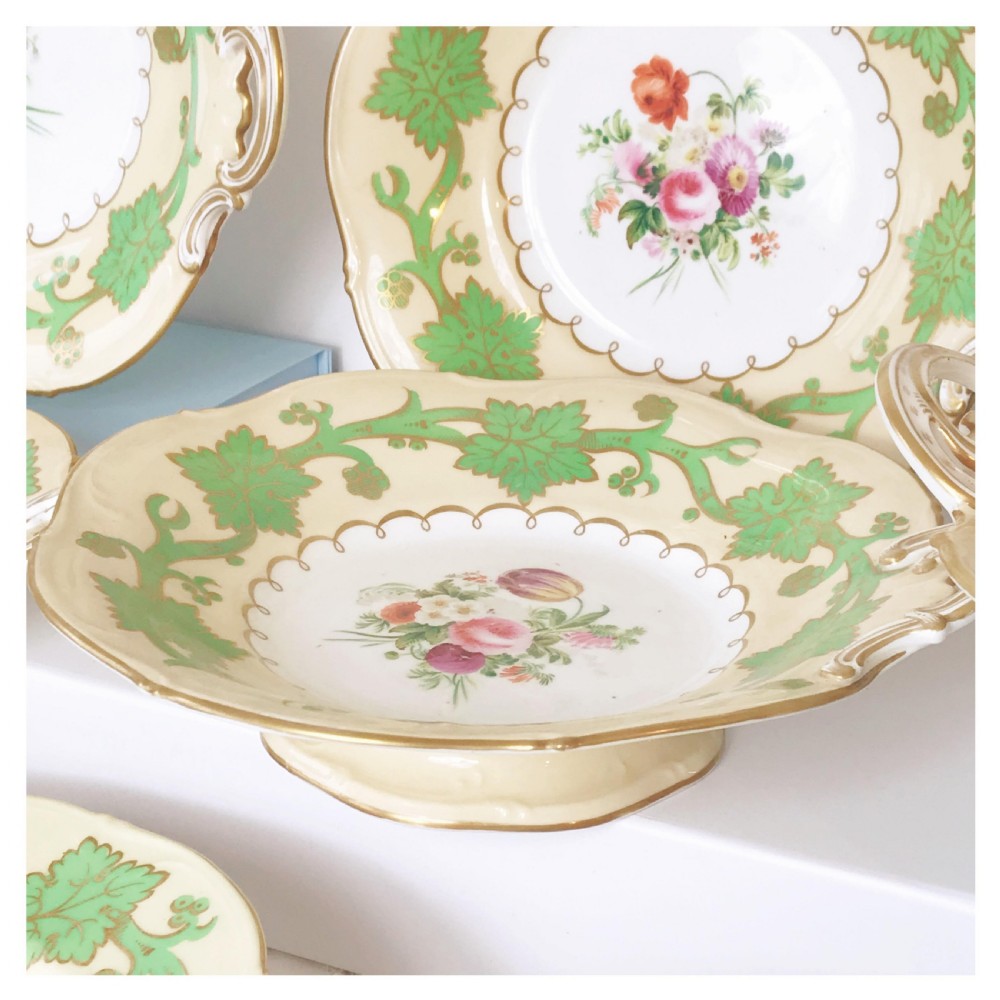 Antique Samuel Alcock handpainted floral dessert service, green foliage View VI