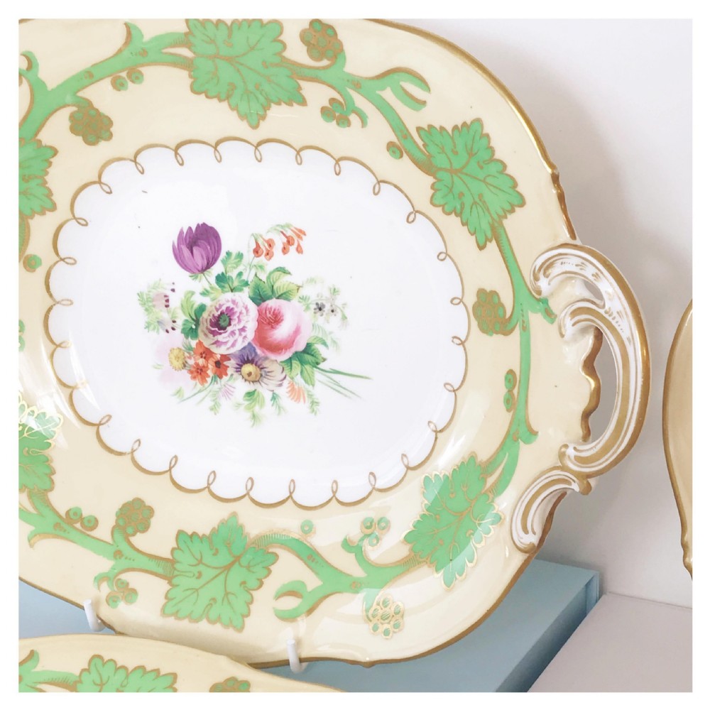 Antique Samuel Alcock handpainted floral dessert service, green foliage View VII
