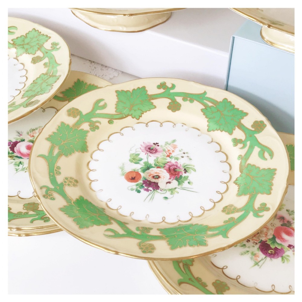 Antique Samuel Alcock handpainted floral dessert service, green foliage View VIII