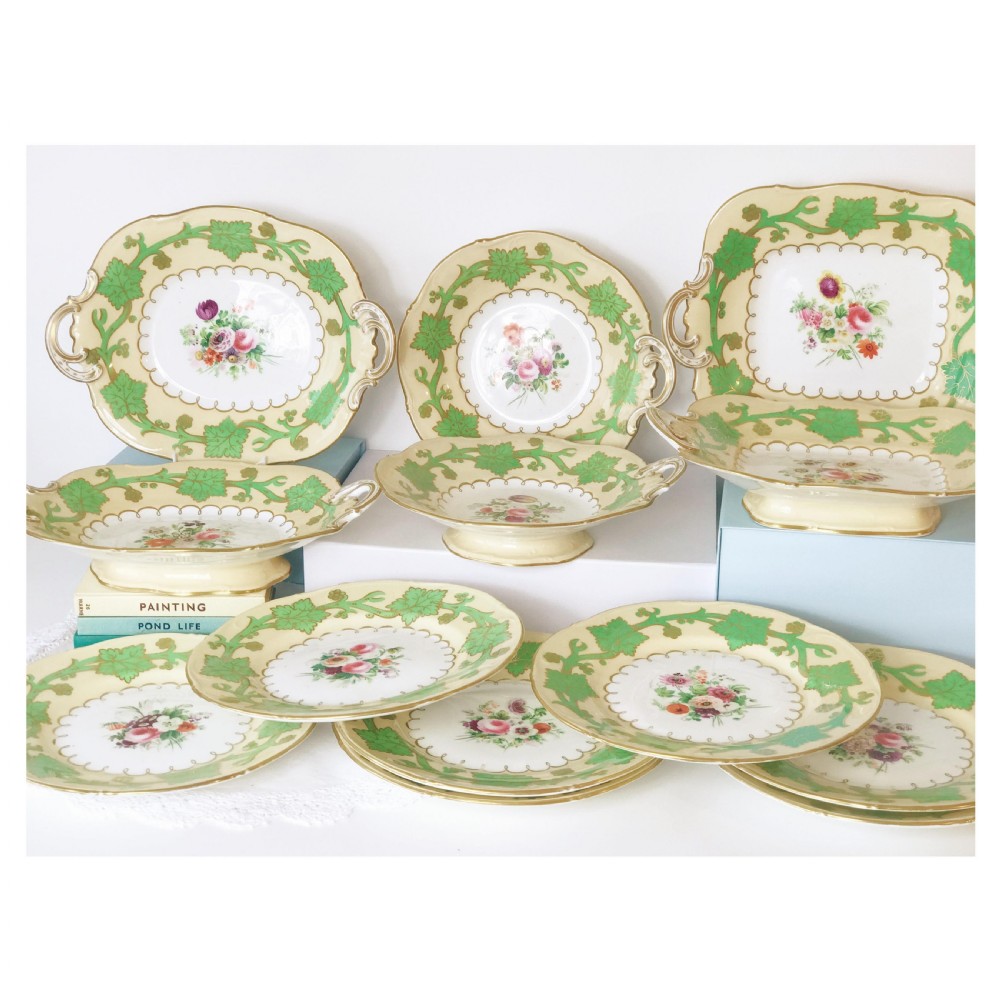Antique Samuel Alcock handpainted floral dessert service, green foliage View IX